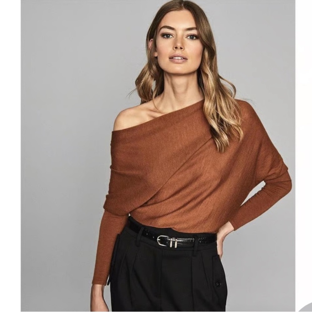 Reiss Wool Cashmere Blend Drape Off Shoulder Top Size Small